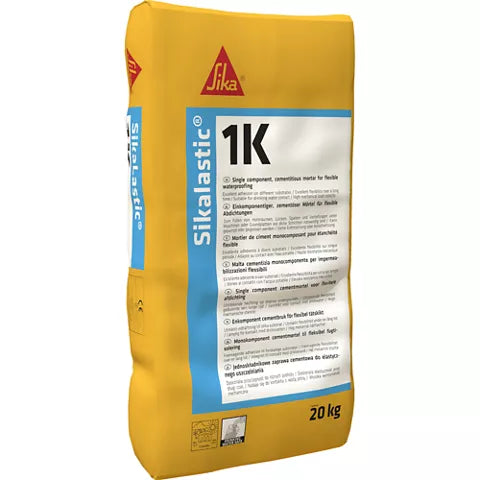 Yellow bag of Sika Sikalastic 1K mortar on a white background