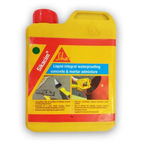 Yellow container of Sika liquid integral waterproofing concrete & mortar admixture on a white background